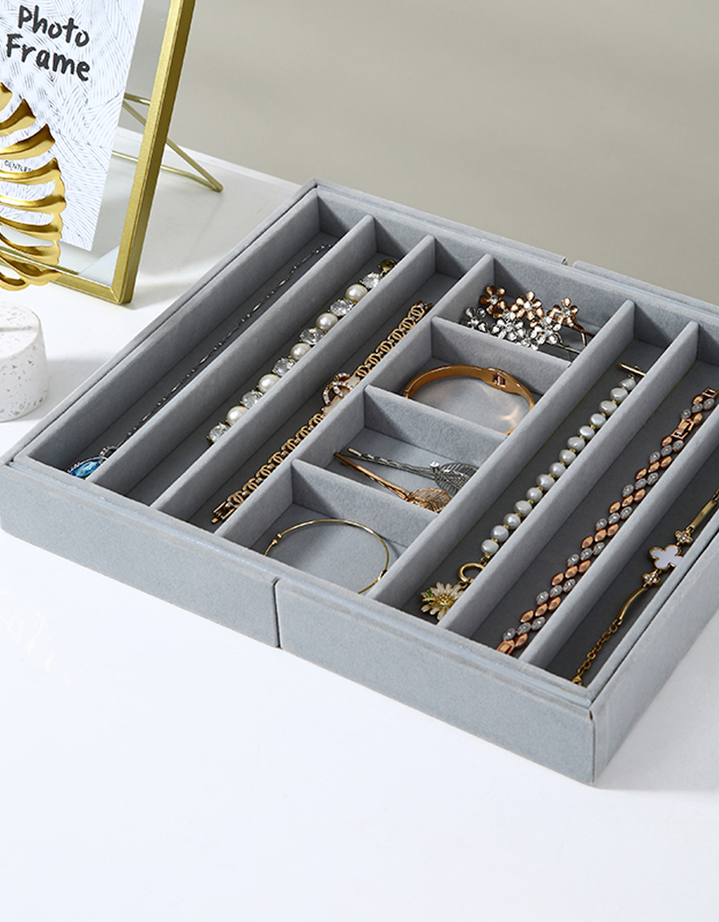 Joyas con varios cajones para mujer, detalles metálicos, forro gris, vitrina, organizador de joyas personalizado de terciopelo extraíble