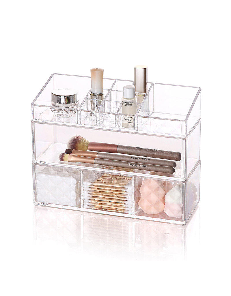 Organizador de maquillaje de plástico Popular algodón Lino PS cosmético limpio acrílico cajón caja de almacenamiento conjunto