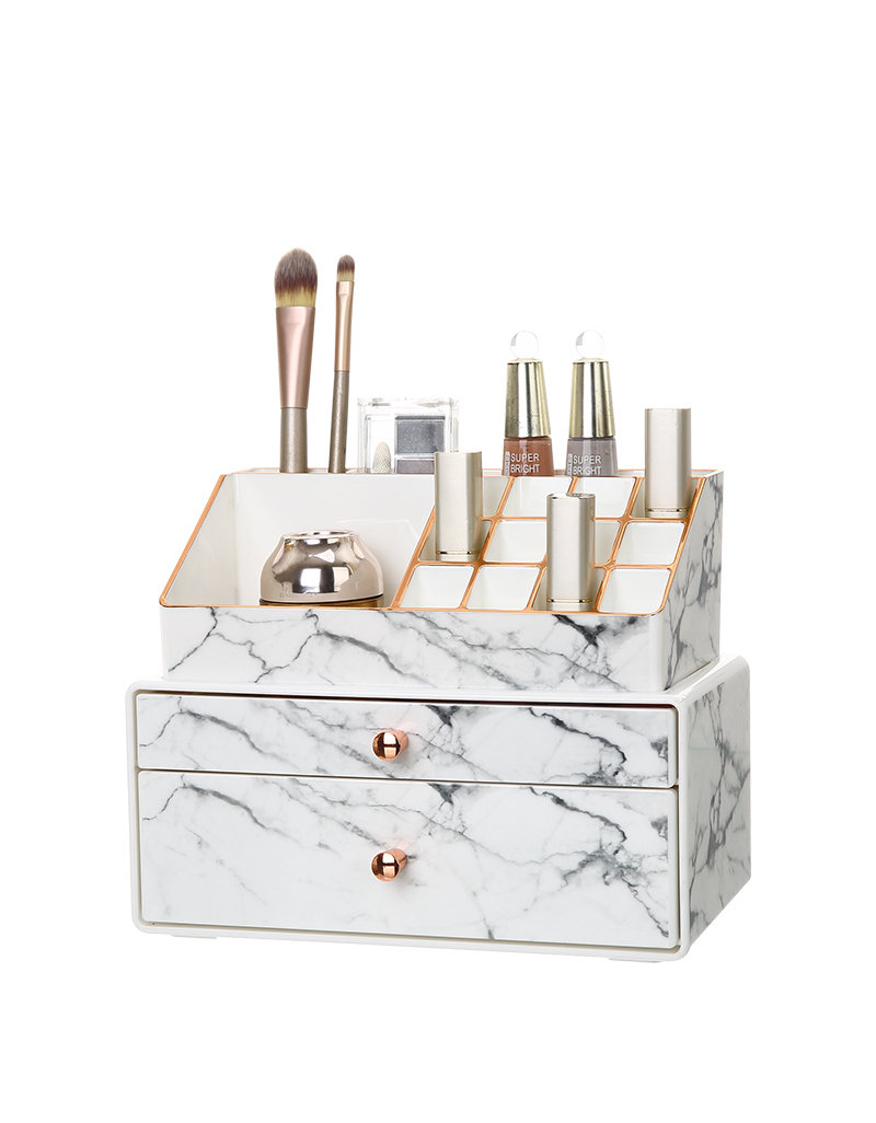 Caja de almacenamiento de escritorio pequeña apilable multiusos a la moda, cajón de joyería de mármol de plástico, conjunto organizador de almacenamiento con adornos de oro rosa