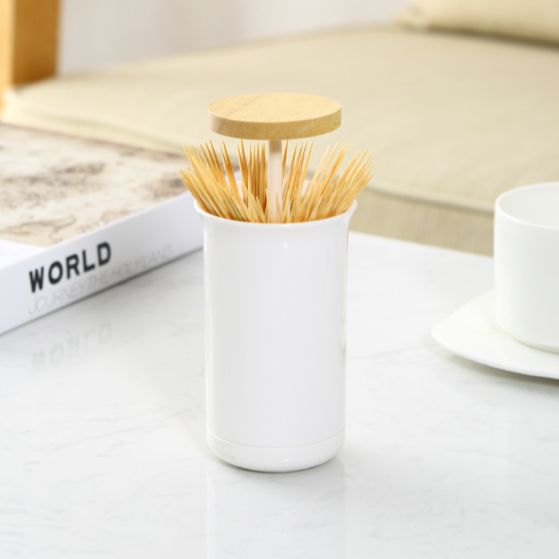 Dispensador de caja de palillos de dientes blanco pequeño portátil para el hogar soporte de palillo de dientes de plástico automático con cubierta de bambú