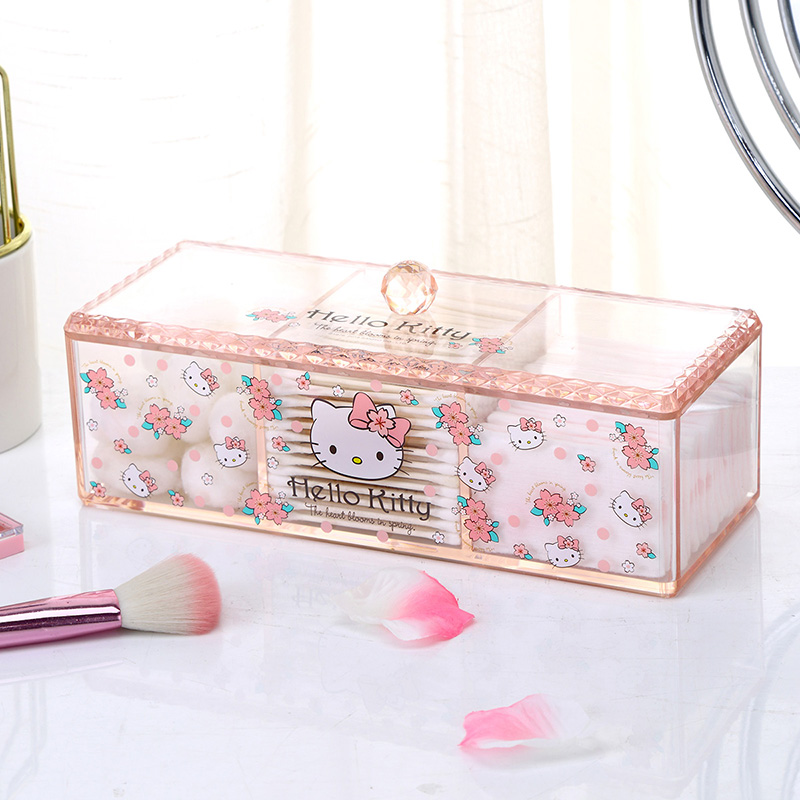 Hello Kitty PS pequeña joyería caja de almacenamiento de cosméticos caja de bastoncillos de baño organizador de maquillaje de plástico con cubierta extraíble
