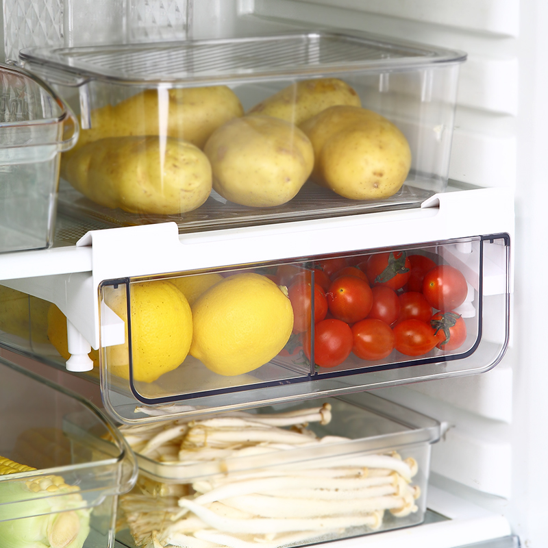 Gabinete de cocina, soporte de almacenamiento de herramientas de alimentos dividido, cajón de refrigerador de plástico transparente, organizador de almacenamiento colgante