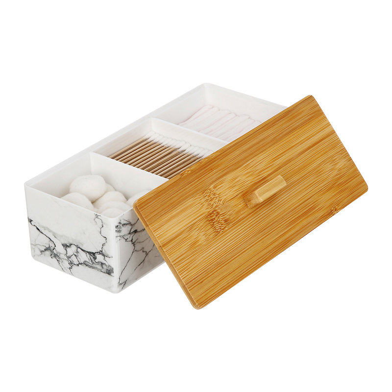 Caja de hisopos de 3 compartimentos con tapa de bambú