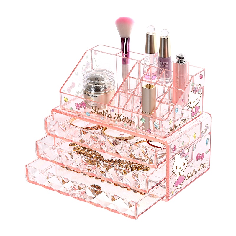 Tocador de Hello Kitty, organizador de maquillaje cosmético apilable, transparente, rosa, dibujos animados, pequeño tocador de plástico, conjunto organizador de maquillaje