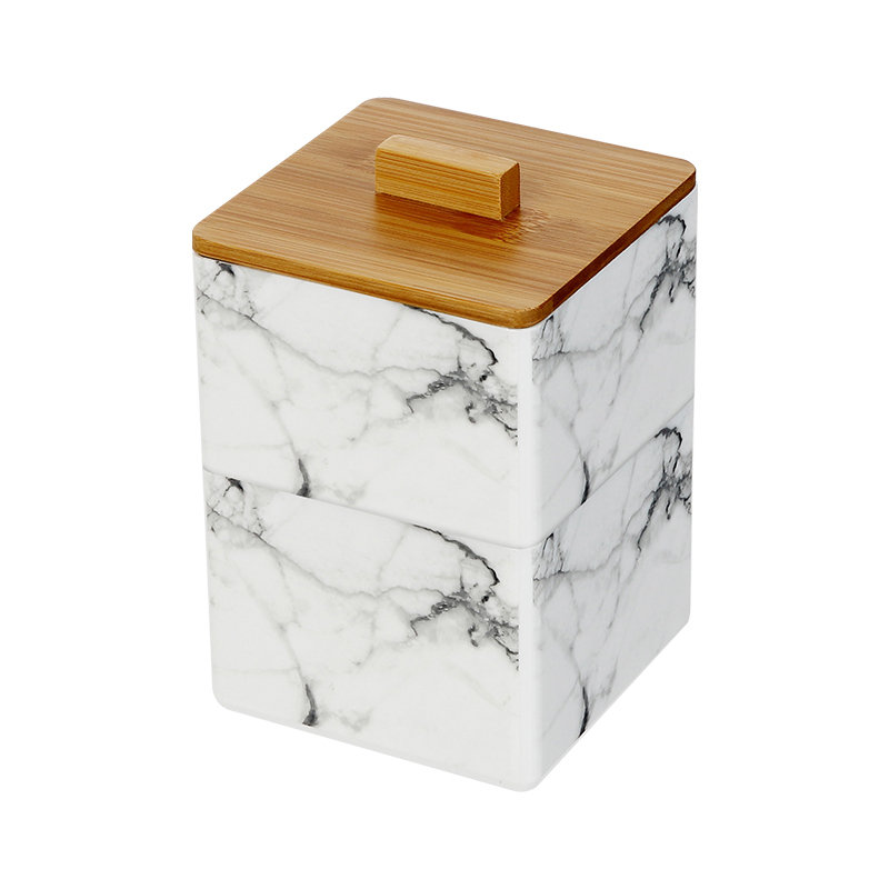 Caja de almacenamiento de cosméticos PS de mármol de nuevo diseño, bastoncillos de plástico, cajón de 2 capas, organizador de almacenamiento de maquillaje de mármol con tapa de bambú