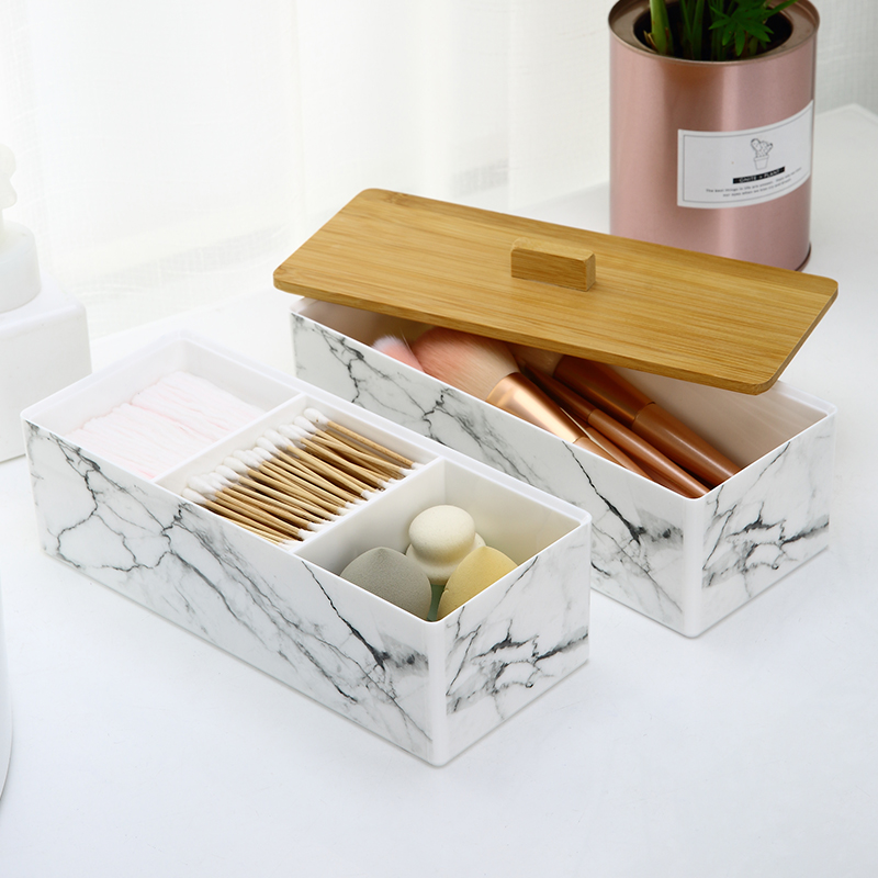 Caja de almacenamiento de cosméticos apilable de 2 niveles con cubierta de bambú, caja de 3 secciones
