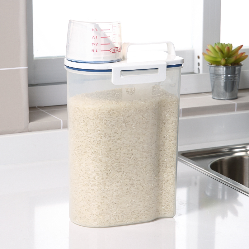Dispensador de cereales de plástico, caja de almacenamiento, contenedor de arroz de grano de cocina, soporte de arroz de 2 kg con taza medidora