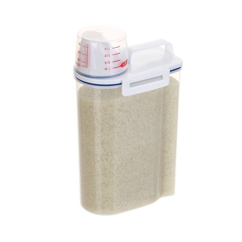 Dispensador de cereales de plástico, caja de almacenamiento, contenedor de arroz de grano de cocina, soporte de arroz de 2 kg con taza medidora