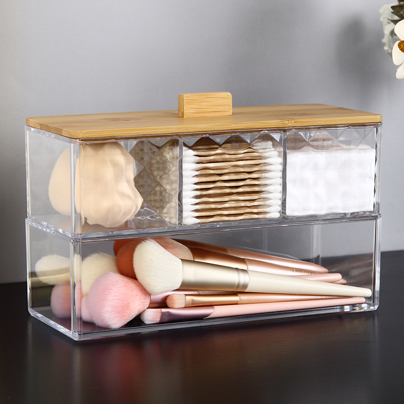 Caja de almacenamiento de cosméticos apilable de 2 niveles con cubierta de bambú, caja de 3 secciones