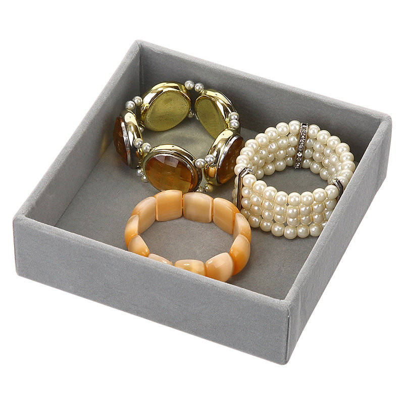 Flocado tela cartón joyería anillo collar pulsera soporte terciopelo gris joyería cajón organizador