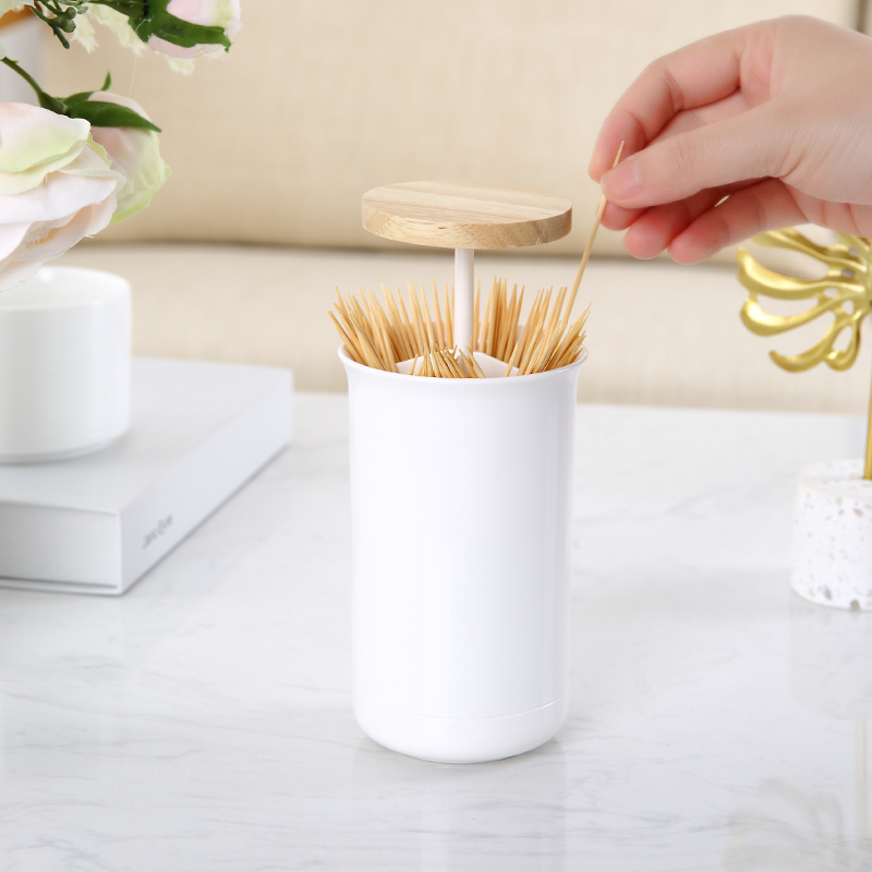 Dispensador de palillos de dientes con cilindro inteligente para cantina doméstica, tapa de bambú, soporte de plástico para palillos de dientes con divisor