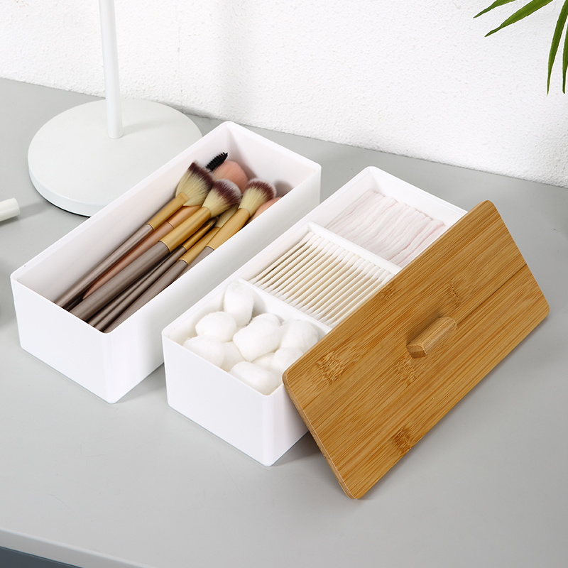 Caja de almacenamiento de cosméticos PS blanca de doble capa con tapa de bambú (4 niveles)
