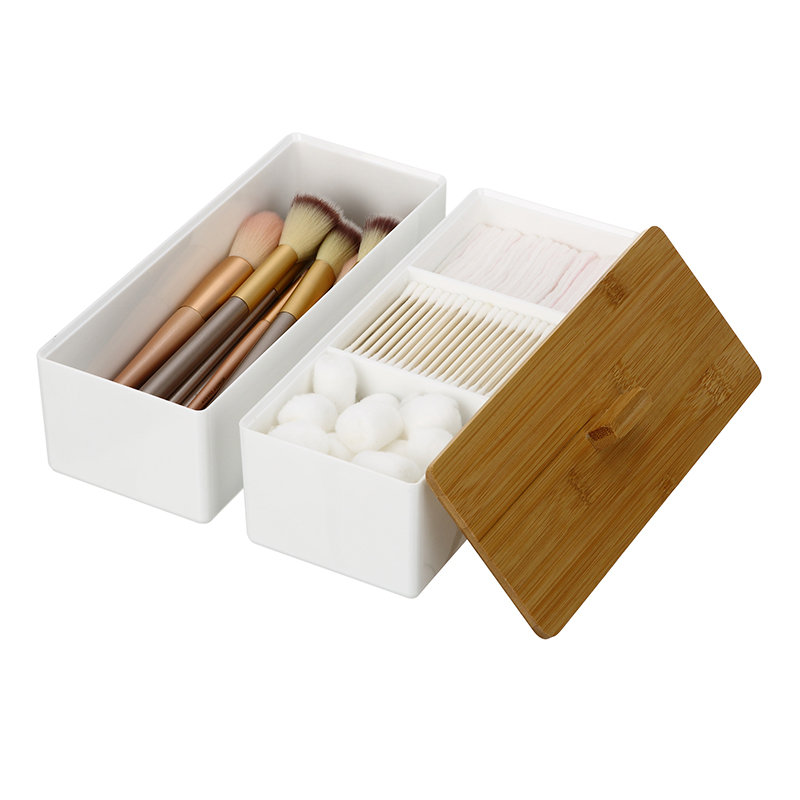 Caja de almacenamiento de cosméticos PS blanca de doble capa con tapa de bambú (4 niveles)