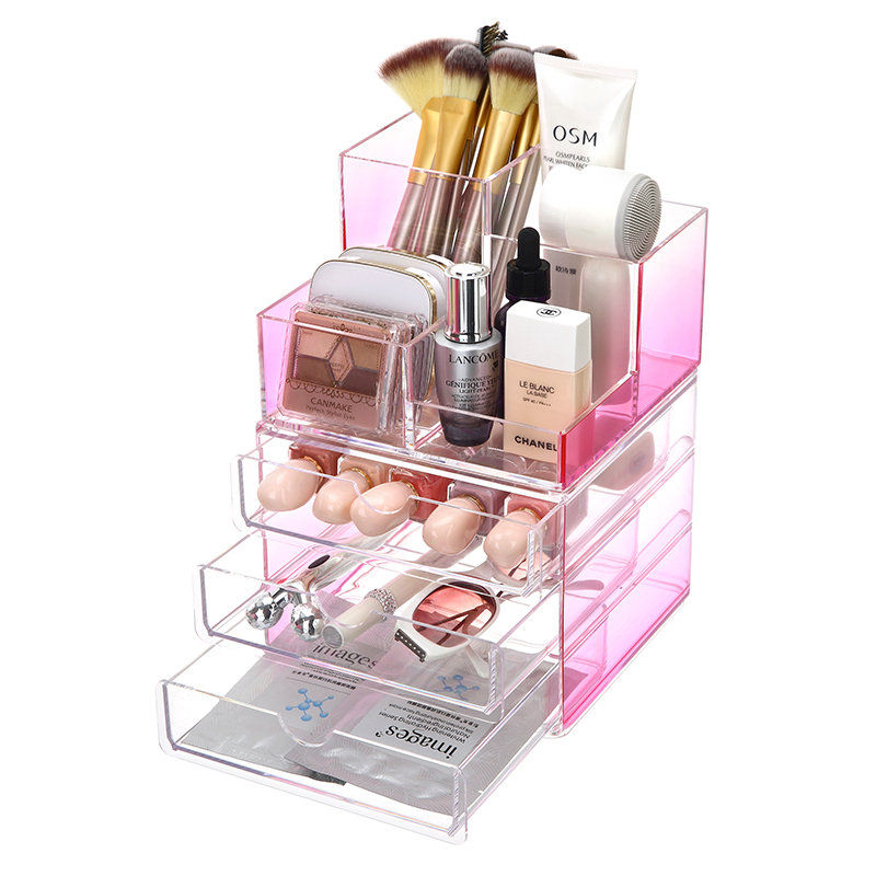 Organizador de cosméticos de escritorio con 4 compartimentos PS, cajón mediano, organizador de maquillaje rosa transparente de 4 niveles para niñas y mujeres