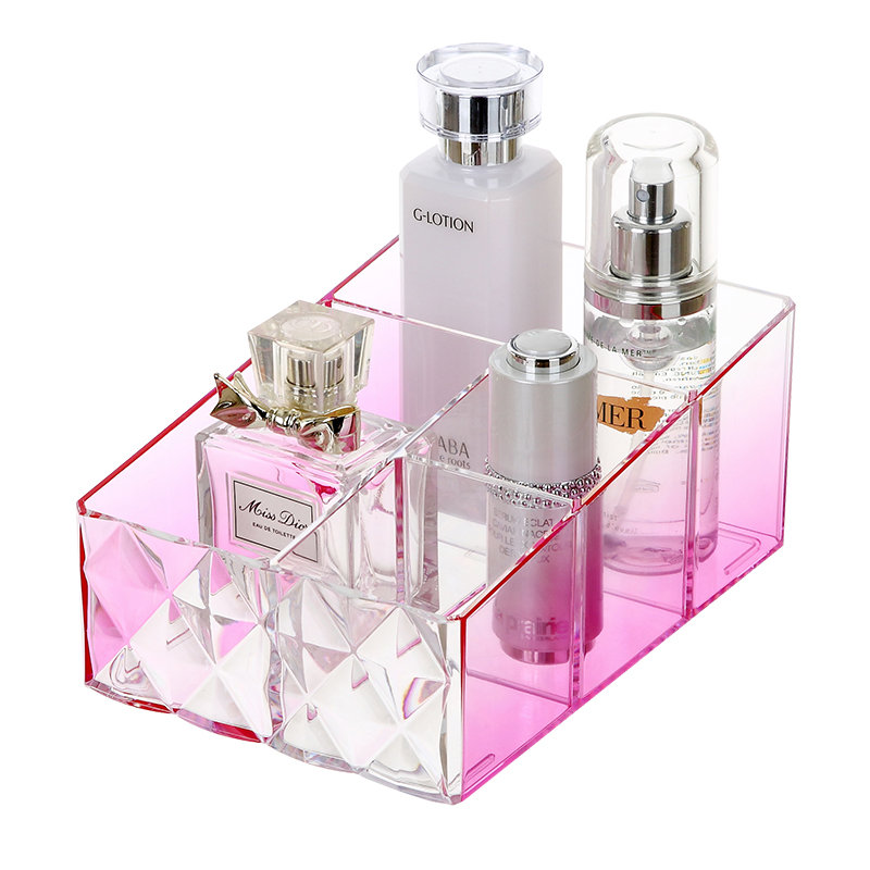 Contenedores organizadores de cosméticos Beauty PS para niñas y mujeres, organizador de maquillaje con 4 divisores de Perfume duradero transparente con degradado rosa