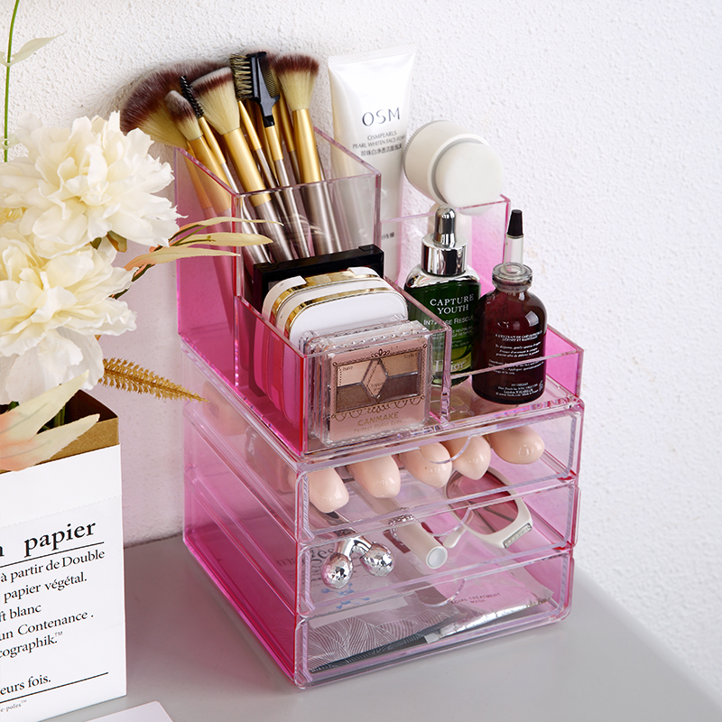 Organizador de cosméticos de escritorio con 4 compartimentos PS, cajón mediano, organizador de maquillaje rosa transparente de 4 niveles para niñas y mujeres