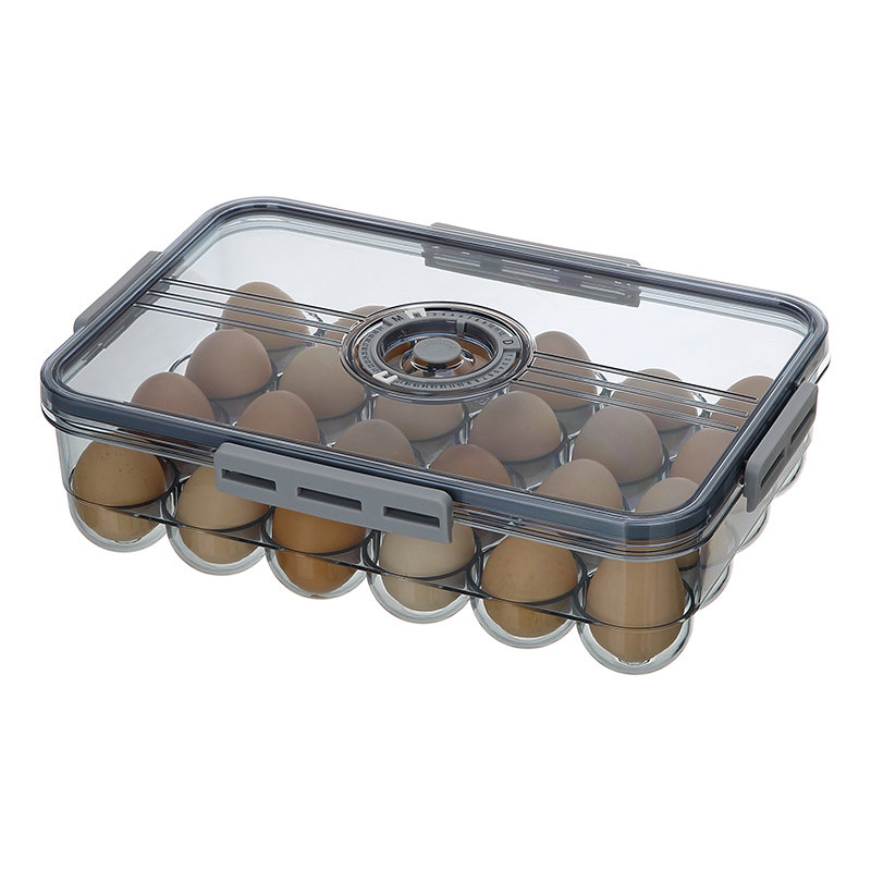 Refrigerador contenedor de almacenamiento de huevos PET caja de huevos frescos 24 rejillas soporte de almacenamiento de huevos de plástico gris transparente con temporizador