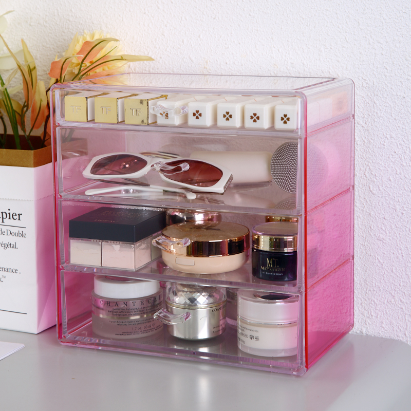 Tocador cosmético Cuidado de la piel Cajón Soporte de almacenamiento para niñas Mujeres Tocador de 4 niveles Organizador de maquillaje de plástico rosa
