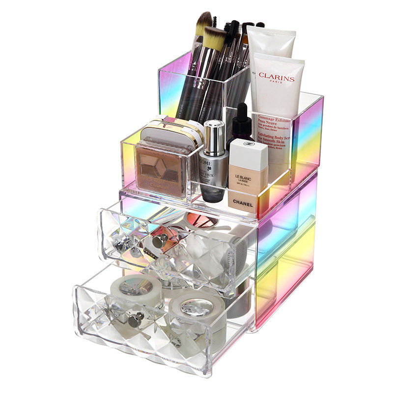 PS Vanity Organizador de maquillaje Bruses Estuche de cosméticos Cajón de lápiz labial Diseño de arco iris Organizador de maquillaje de plástico portátil