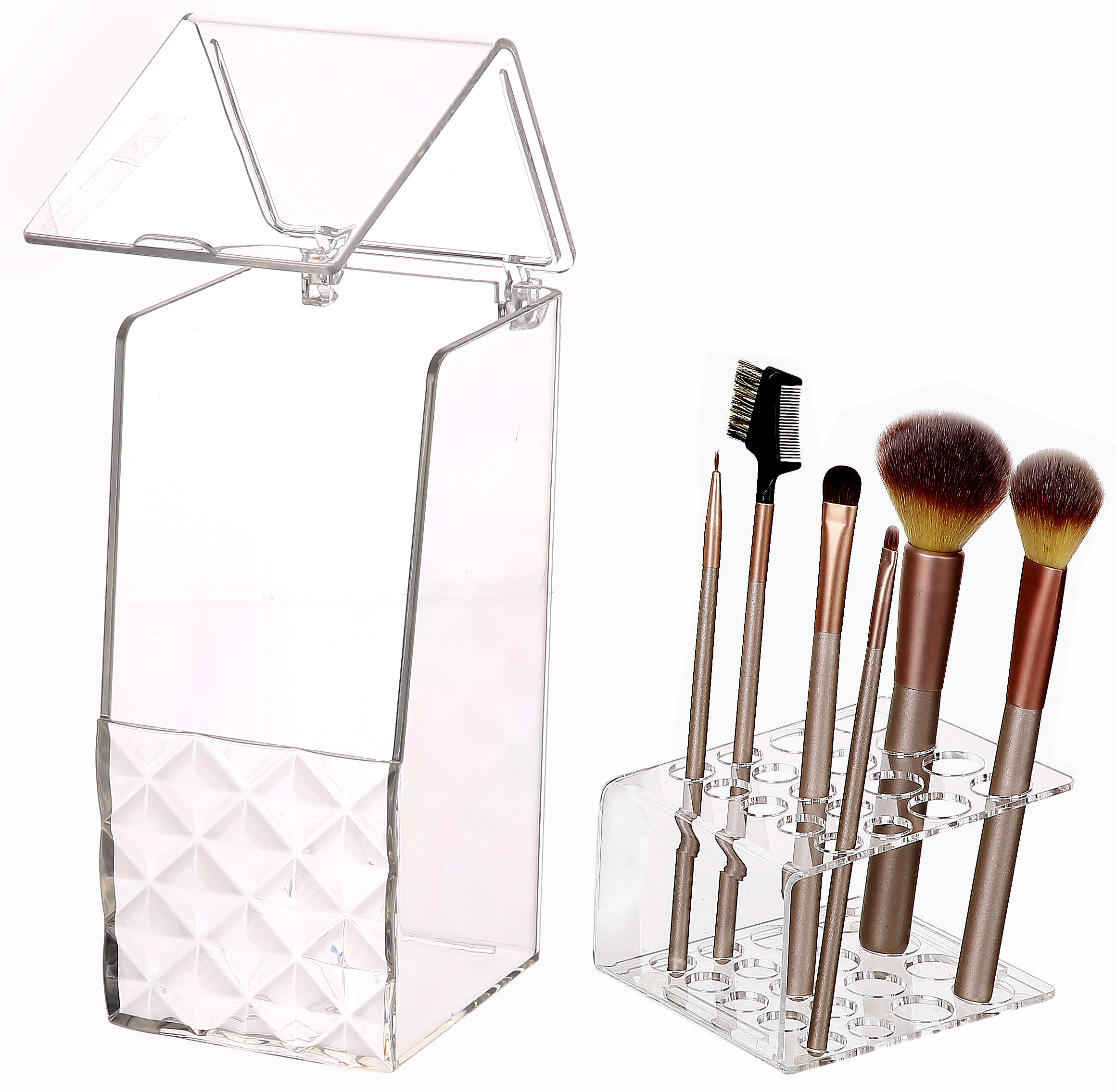 Caja organizadora de brochas de maquillaje de mesa transparente a prueba de polvo con tapa