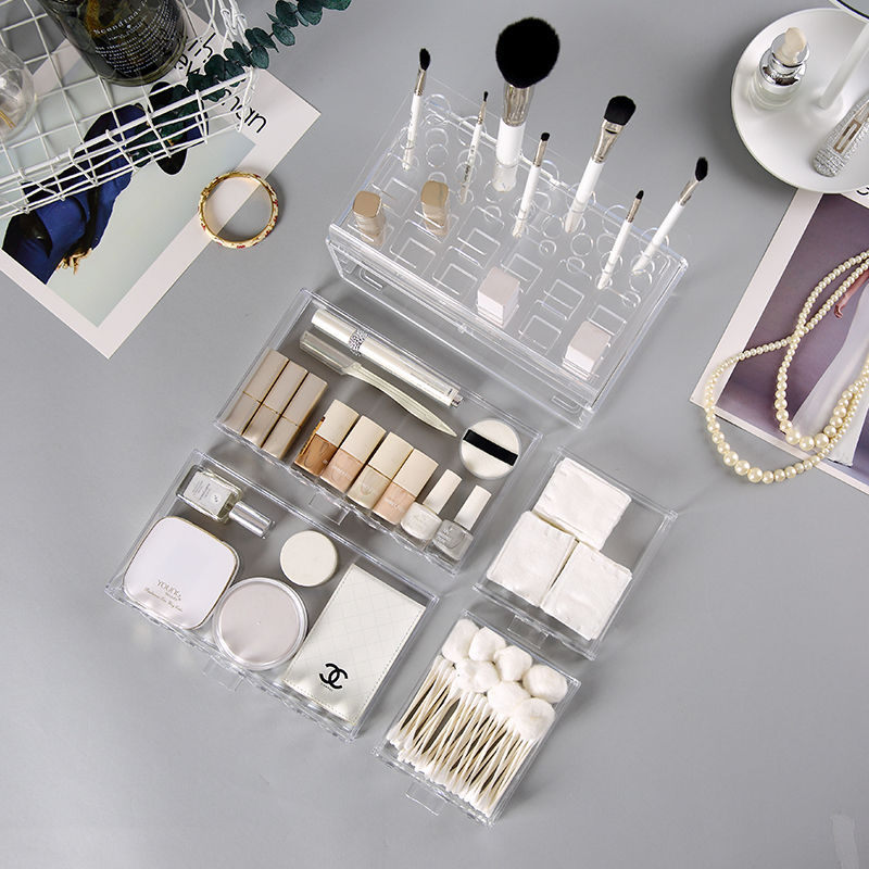 Caja de joyería fcosmetic con portaescobillas, patrón de diamante transparente, cubo de exhibición de almacenamiento, juego de organizador de maquillaje cosmético de plástico