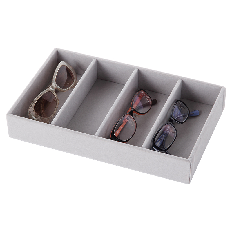 Caja de almacenamiento de gafas de sol personalizadas apilables de cuero Bandeja de almacenamiento de gafas de sol de terciopelo gris para anteojos con 4 divisores