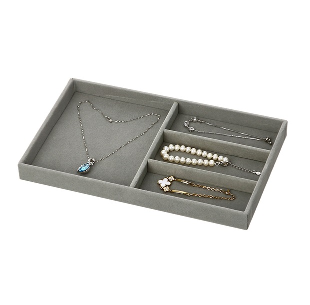 Elegante organizador de almacenamiento de joyas apilable hecho a mano, bandeja organizadora de joyas de terciopelo gris con múltiples cajones