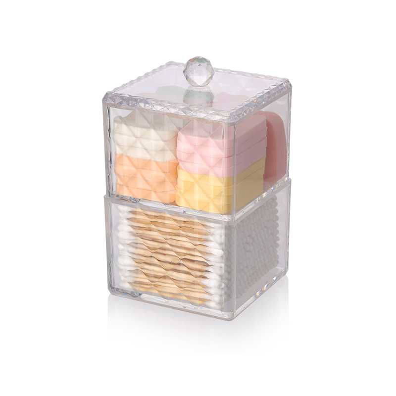 Caja de almacenamiento de tocador extensible a prueba de polvo hisopos cosméticos acrílico transparente organizador de maquillaje de 2 capas con tapa