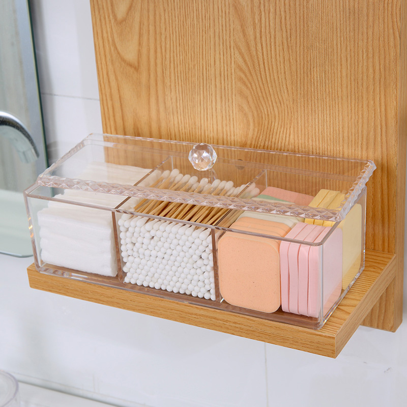 PS Clear Portable Rectangular Clean Swab Cosmetic Storage Box 3 Compartimentos Organizador de maquillaje de plástico con tapa