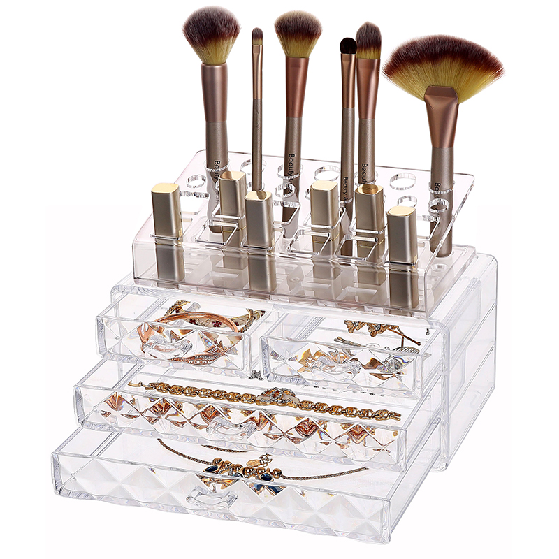 Caja de joyería fcosmetic con portaescobillas, patrón de diamante transparente, cubo de exhibición de almacenamiento, juego de organizador de maquillaje cosmético de plástico