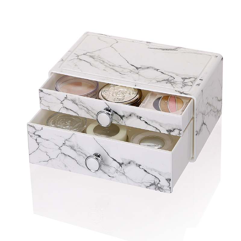 Cajón de nuevo diseño, caja de almacenamiento de plástico cosmético pequeño, organizador de maquillaje de mármol para el hogar a la moda de belleza