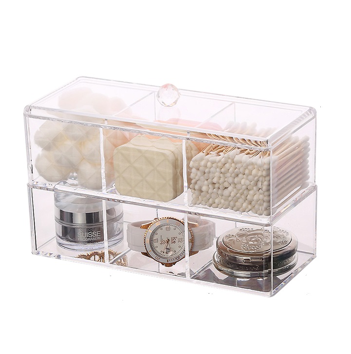 Caja de exhibición de herramientas cosméticas de cepillo de algodón de almacenamiento transparente de escritorio acrílico organizador de maquillaje de varios cajones de plástico transparente