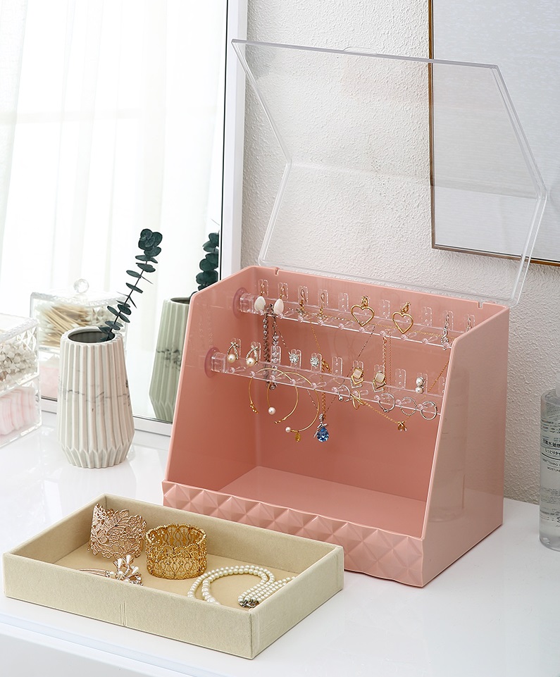 Caja de almacenamiento de joyería cosmética apilable multiusos a prueba de polvo bandeja de terciopelo cubierta organizador de almacenamiento colgante de joyería de plástico