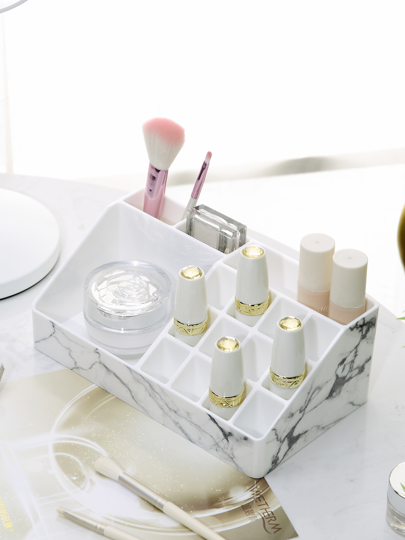 Belleza apilable pequeño lápiz labial cosmético brillo de labios soporte de almacenamiento Split plástico mármol maquillaje cajón organizador de almacenamiento