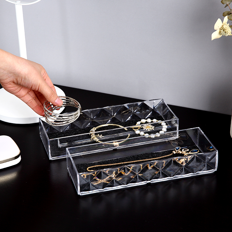 Elegante pequeño compartimento de almacenamiento de joyas de doble capa, bandeja organizadora de joyas de plástico transparente