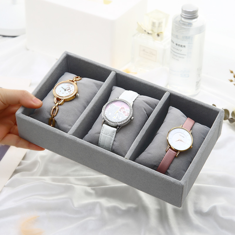Elegante cajón de exhibición de pulsera de escritorio de 3 compartimentos organizador de almacenamiento de relojes de joyería de tela flocada