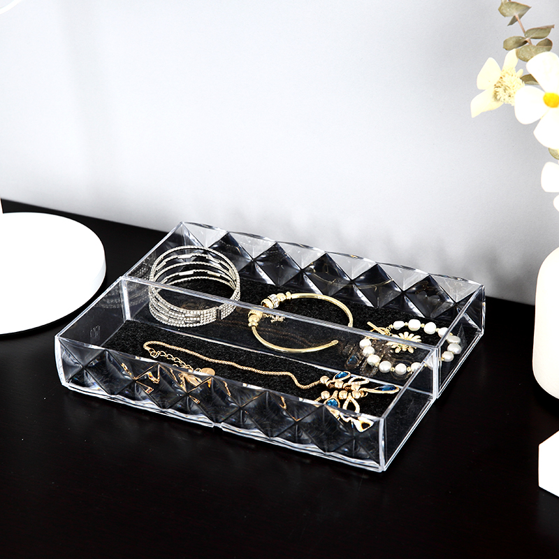 Elegante pequeño compartimento de almacenamiento de joyas de doble capa, bandeja organizadora de joyas de plástico transparente