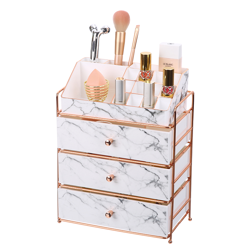 Tocador PS de lujo, caja de colección de cajones de maquillaje cosmético de mármol, organizador de almacenamiento de maquillaje de plástico de 4 niveles con perillas de Metal