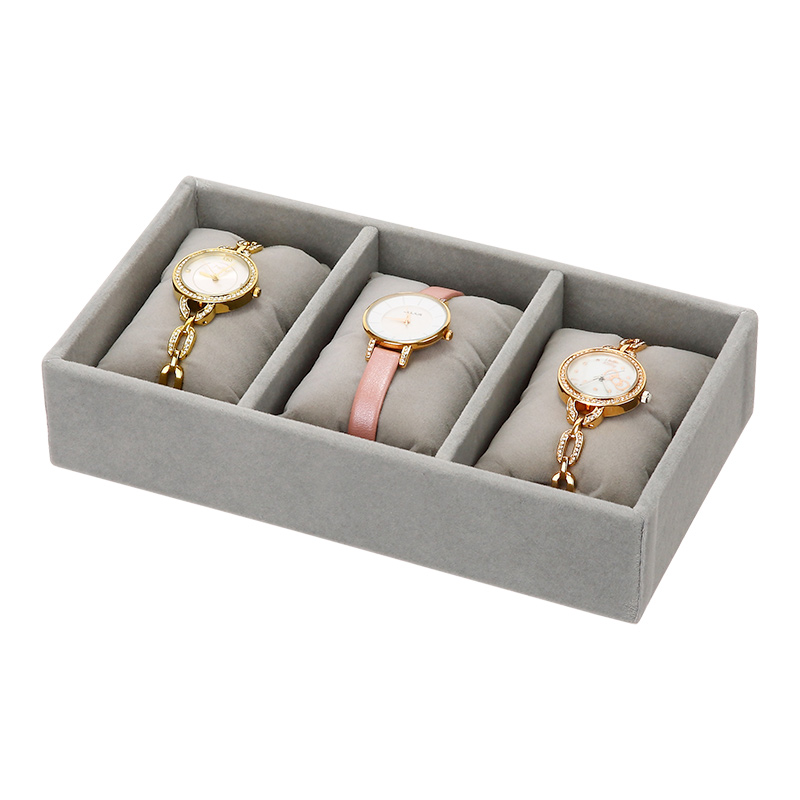 Elegante cajón de exhibición de pulsera de escritorio de 3 compartimentos organizador de almacenamiento de relojes de joyería de tela flocada